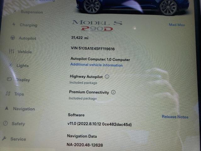 5YJSA1E45FF119616 - 2015 TESLA MODEL S Կապույտ լուսանկար 9