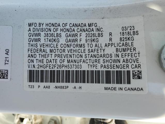 2HGFE2F26PH537303 - 2023 HONDA CIVIC LX WHITE photo 12