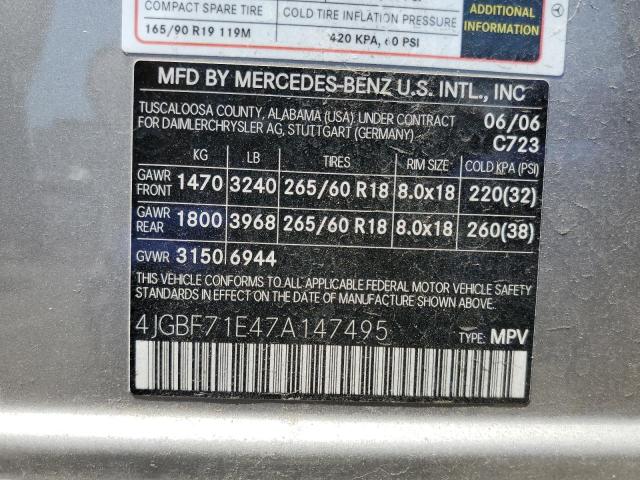 4JGBF71E47A147495 - 2007 MERCEDES-BENZ GL 450 4MATIC SILVER photo 12