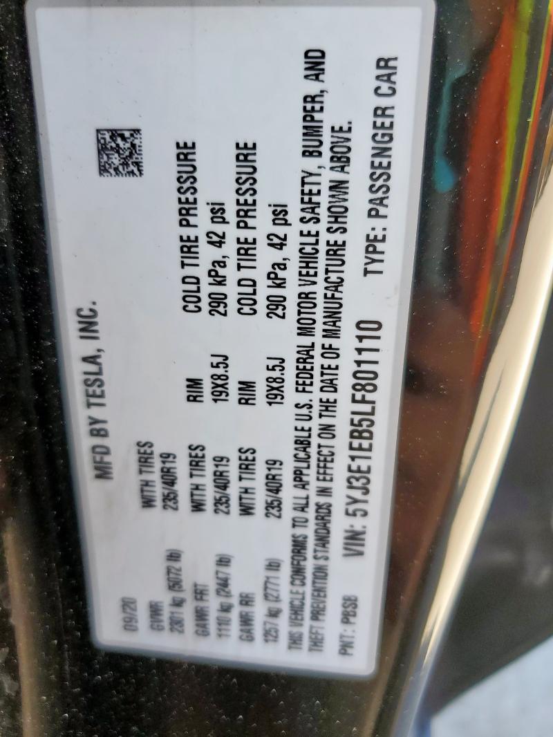 5YJ3E1EB5LF801110 - 2020 TESLA MODEL 3 Siyah fotoğraf 12