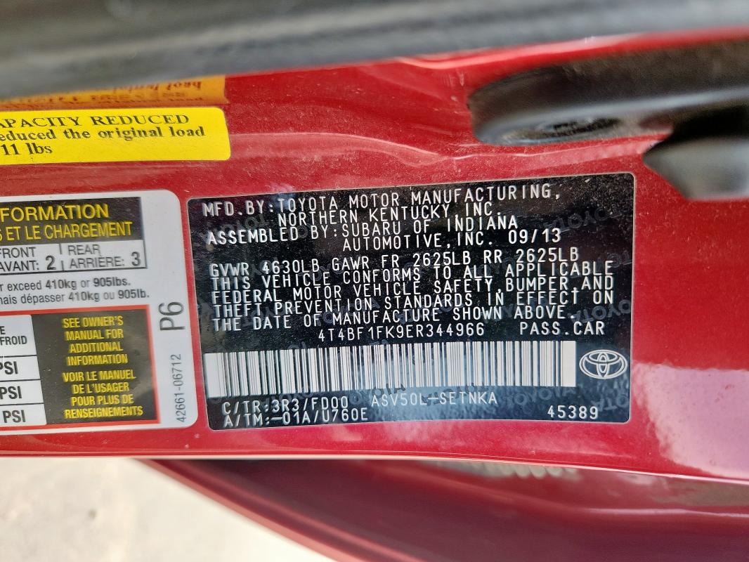 4T4BF1FK9ER344966 - 2014 TOYOTA CAMRY L Qırmızı foto 12