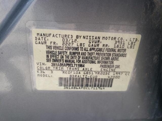 3N1AB6AP0CL711964 - 2012 NISSAN SENTRA 2.0 GRAY photo 12