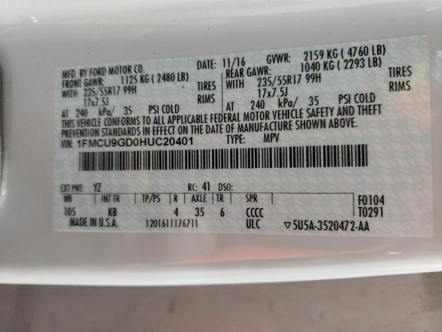 1FMCU9GD0HUC20401 - 2017 FORD ESCAPE SE Blanc photo 14