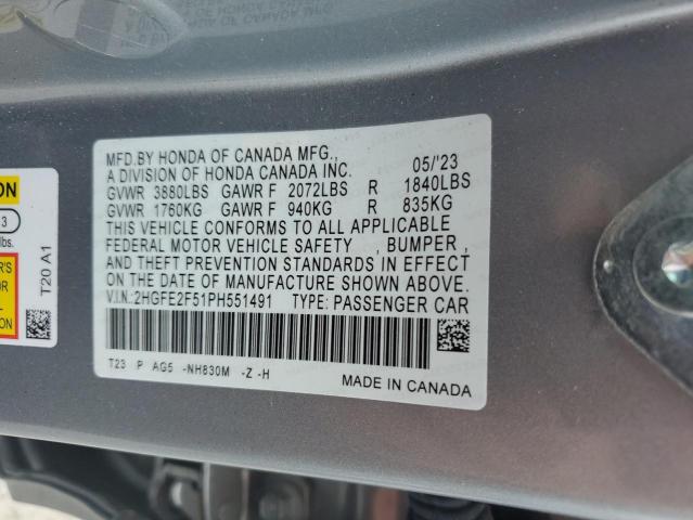 2HGFE2F51PH551491 - 2023 HONDA CIVIC SPORT Plata foto 12