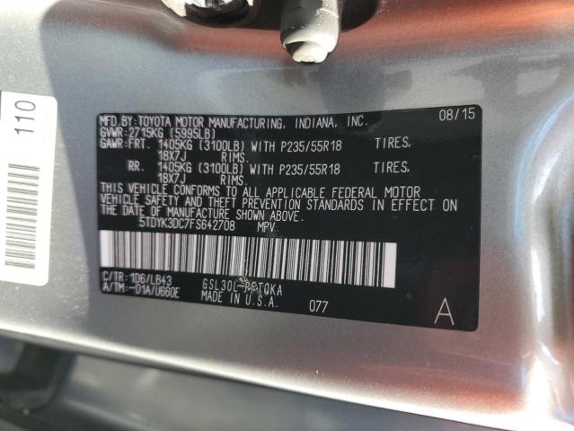 5TDYK3DC7FS642708 - 2015 TOYOTA SIENNA XLE SILVER photo 13