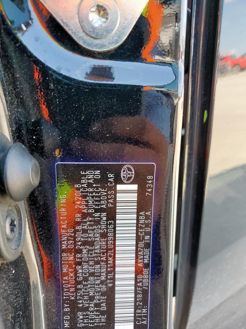 4T1L11AK2LU998063 - 2020 TOYOTA CAMRY LE Czarny zdjęcie 12