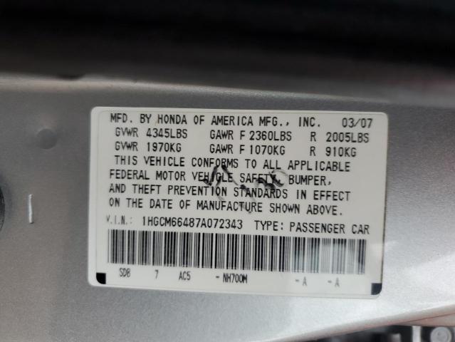 1HGCM66487A072343 - 2007 HONDA ACCORD SE 银色 照片 12