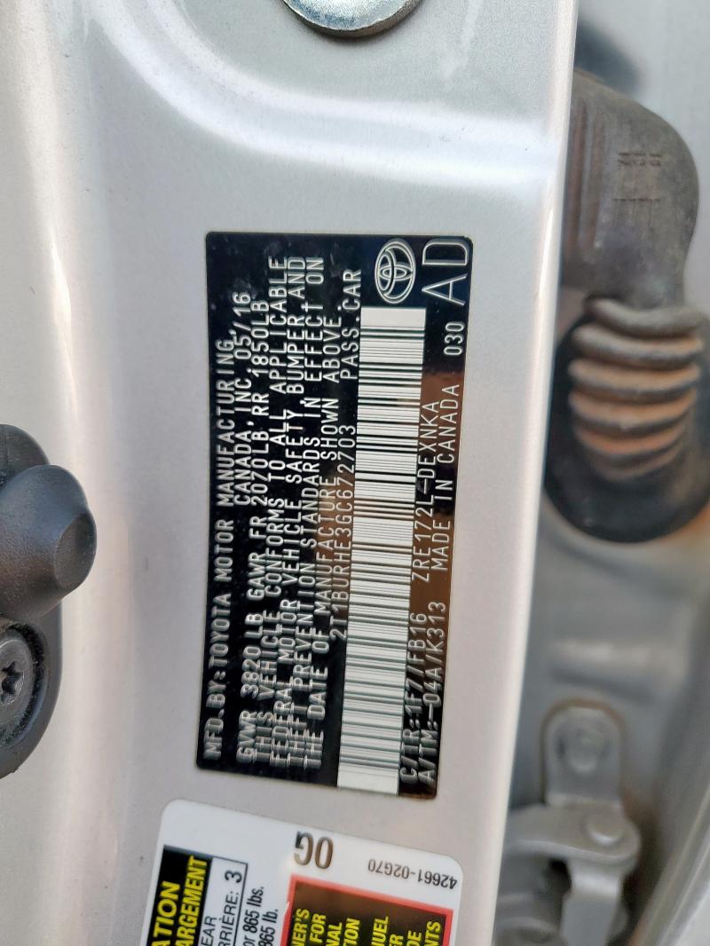 2T1BURHE3GC672703 - 2016 TOYOTA COROLLA L 银色 照片 12