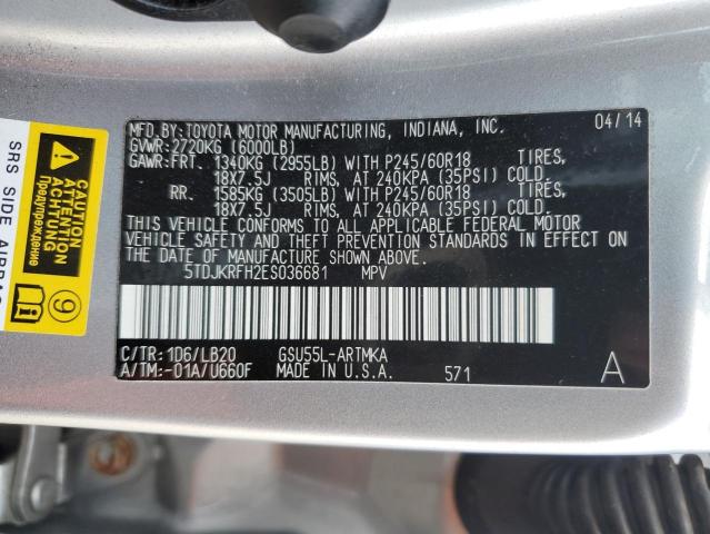 5TDJKRFH2ES036681 - 2014 TOYOTA HIGHLANDER XLE 银色 照片 13
