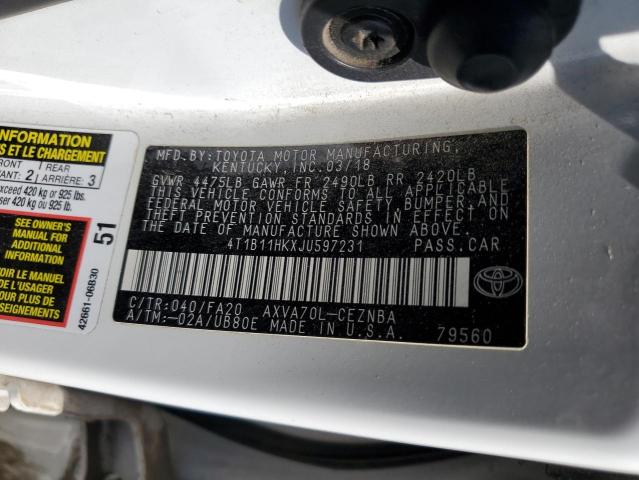 4T1B11HKXJU597231 - 2018 TOYOTA CAMRY L WHITE photo 12