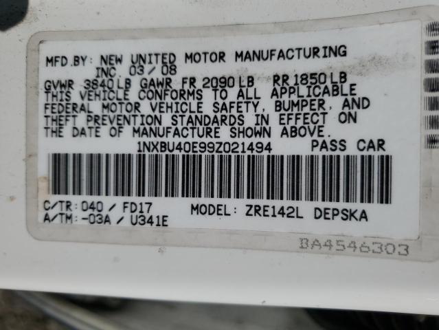 1NXBU40E99Z021494 - 2009 TOYOTA COROLLA BASE WHITE photo 12