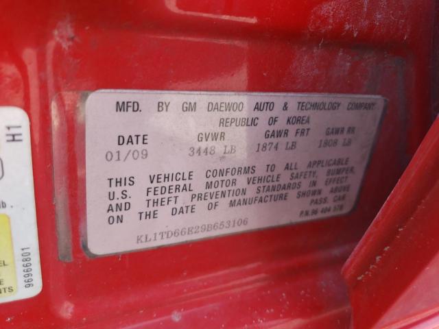 KL1TD66E29B653106 - 2009 CHEVROLET AVEO LS 红色 照片 13