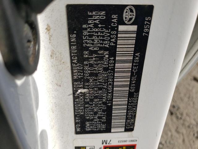 4T1BK46K38U571694 - 2008 TOYOTA CAMRY LE WHITE photo 12