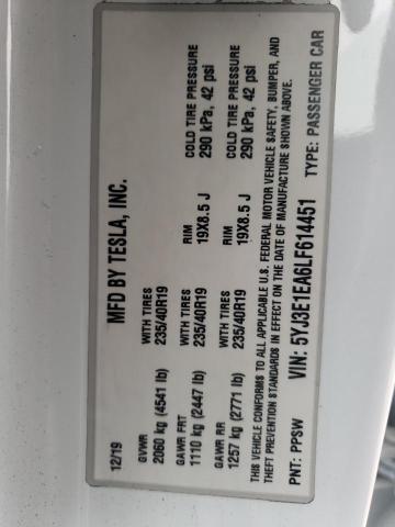 5YJ3E1EA6LF614451 - 2020 TESLA MODEL 3 თეთრი ფოტო 12