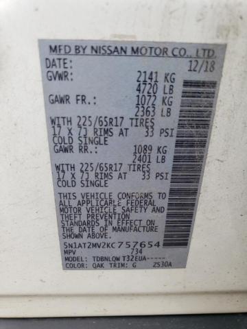 5N1AT2MV2KC757654 - 2019 NISSAN ROGUE S Blanc photo 12