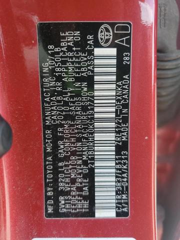 2T1BURHE0KC191770 - 2019 TOYOTA COROLLA L 红色 照片 12