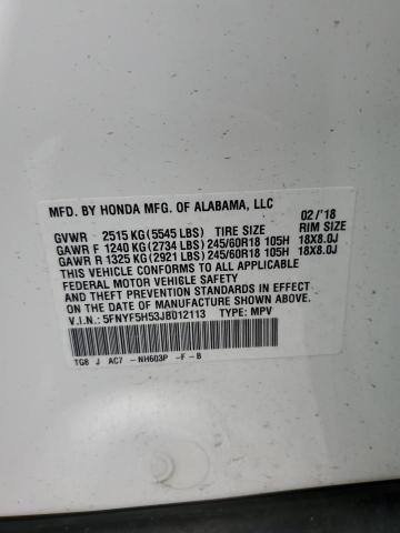 5FNYF5H53JB012113 - 2018 HONDA PILOT EXL WHITE photo 14