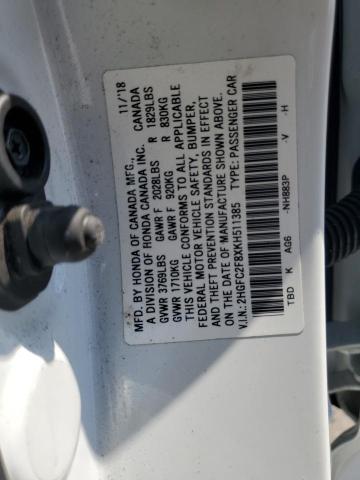 2HGFC2F8XKH511385 - 2019 HONDA CIVIC SPORT WHITE photo 12