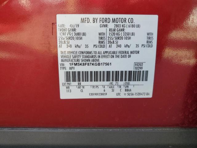 1FM5K8F87KGB17561 - 2019 FORD EXPLORER LIMITED Қызыл фото 13