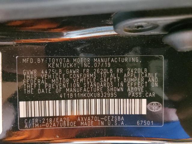 4T1B11HK0KU832995 - 2019 TOYOTA CAMRY L 黑色 照片 12