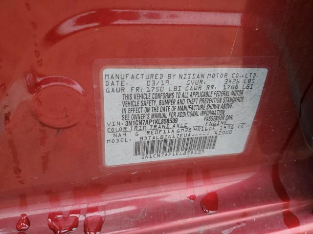 3N1CN7AP1KL858539 - 2019 NISSAN VERSA S Қызыл фото 12