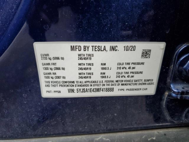 5YJSA1E43MF418888 - 2021 TESLA MODEL S ლურჯი ფოტო 12