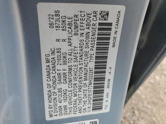 2HGFE1F77NH322287 - 2022 HONDA CIVIC EX BLUE photo 12