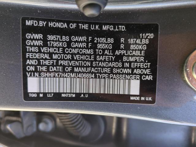 SHHFK7H42MU406694 - 2021 HONDA CIVIC SPORT GRAY photo 12