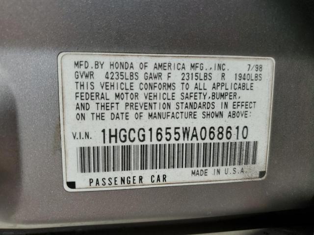 1HGCG1655WA068610 - 1998 HONDA ACCORD EX SILVER photo 12