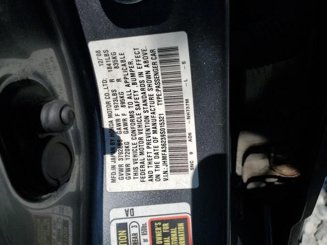 JHMFA36239S015321 - 2009 HONDA CIVIC HYBRID GRAY photo 12