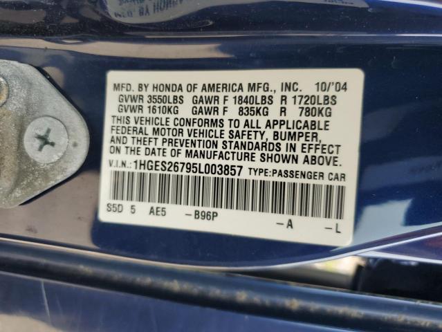 1HGES26795L003857 - 2005 HONDA CIVIC EX BLUE photo 12