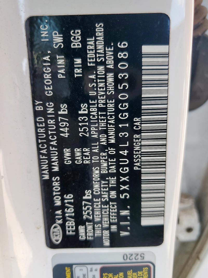 5XXGU4L31GG053086 - 2016 KIA OPTIMA EX Biały zdjęcie 12