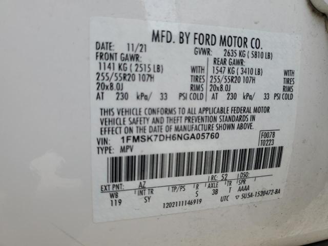 1FMSK7DH6NGA05760 - 2022 FORD EXPLORER XLT Ақ фото 14