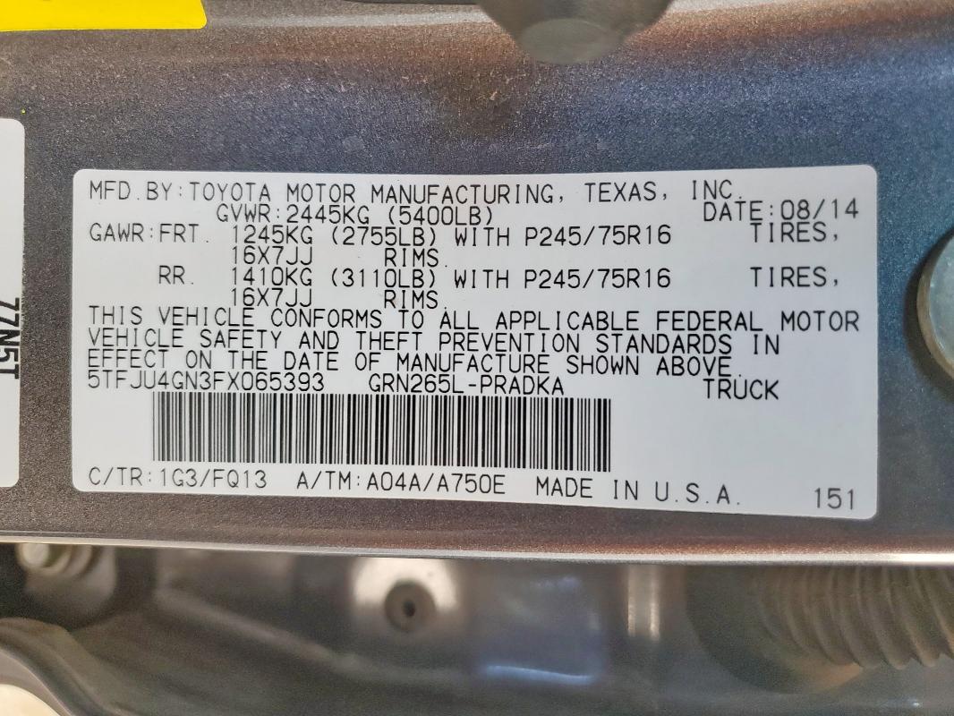 5TFJU4GN3FX065393 - 2015 TOYOTA TACOMA DOUBLE CAB PRERUNNER GRAY photo 12