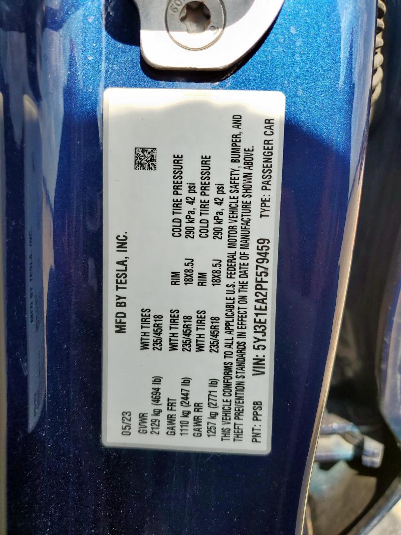 5YJ3E1EA2PF579459 - 2023 TESLA MODEL 3 蓝色 照片 12