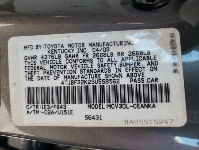 4T1BF32K23U558562 - 2003 TOYOTA CAMRY LE GRAY photo 12