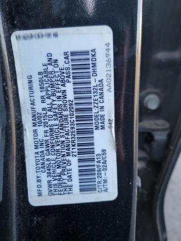 2T1KR32E93C102092 - 2003 TOYOTA COROLLA MA XR BLACK photo 12