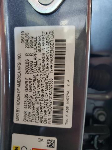 1HGCV2F31KA027668 - 2019 HONDA ACCORD SPORT Մոխրագույն լուսանկար 12