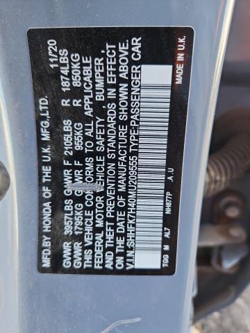 SHHFK7H40MU209555 - 2021 HONDA CIVIC SPORT GRAY photo 12