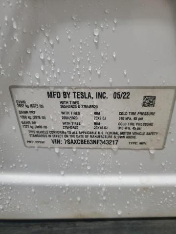 7SAXCBE63NF343217 - 2022 TESLA MODEL X 白色 照片 12