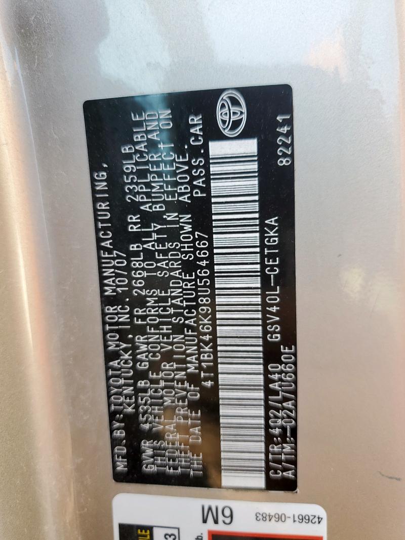 4T1BK46K98U564667 - 2008 TOYOTA CAMRY LE BEIGE photo 13