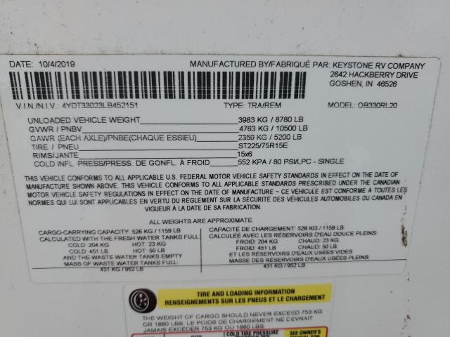 4YDT33023LB452151 - 2020 KEYSTONE OUTBACK WHITE photo 10