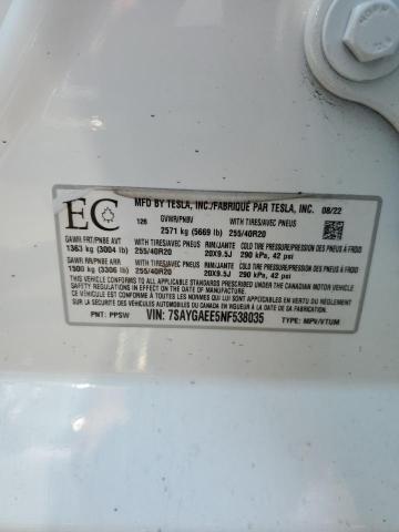 7SAYGAEE5NF538035 - 2022 TESLA MODEL Y 白色 照片 14