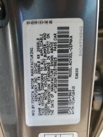 4T1BE32K72U578825 - 2002 TOYOTA CAMRY LE BEIGE photo 12