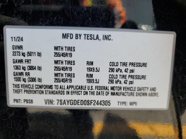 7SAYGDED0SF244305 - 2025 TESLA MODEL Y 黑色 照片 14