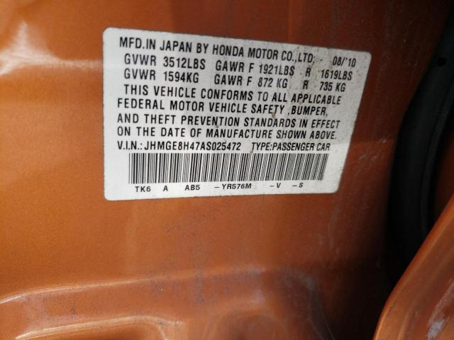 JHMGE8H47AS025472 - 2010 HONDA FIT SPORT ORANGE photo 13