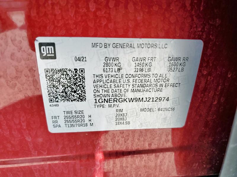 1GNERGKW9MJ212974 - 2021 CHEVROLET TRAVERSE LT 红色 照片 12