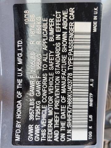 SHHFK7H66KU403778 - 2019 HONDA CIVIC EX ნაცრისფერი ფოტო 13