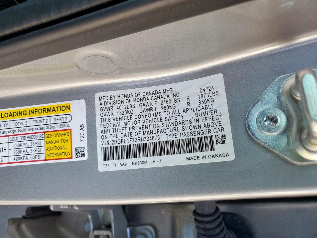 2HGFE1F72RH334675 - 2024 HONDA CIVIC EX 银色 照片 12