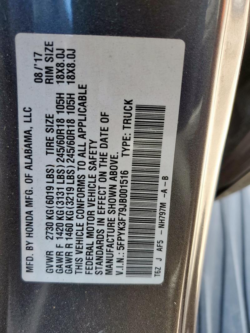 5FPYK3F79JB001516 - 2018 HONDA RIDGELINE RTL GRAY photo 12